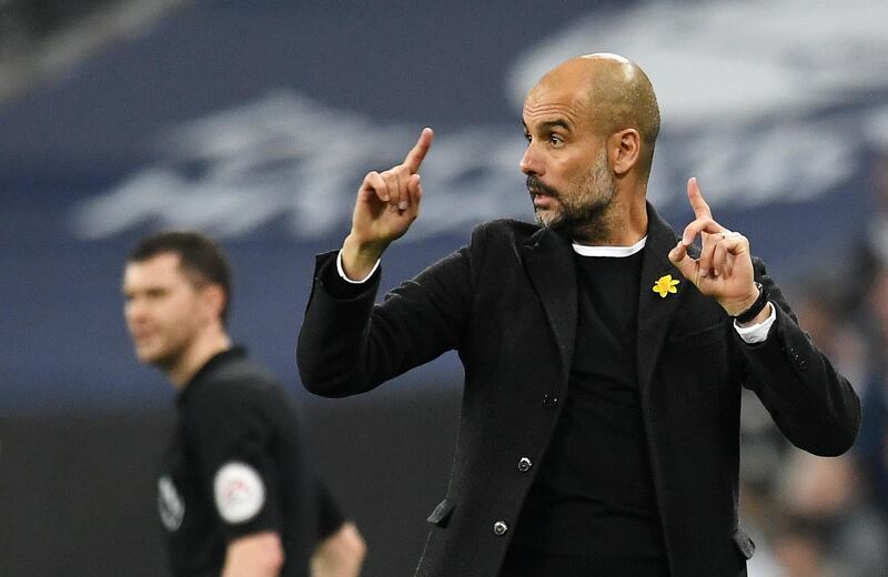 epa06669967 Manchester City manager Pep Guardiola reacts during the English Premier League soccer match Tottenham Hotspur vs Manchester City  at Wembley Stadium, London, Britain, 14 April 2018.  EPA/ANDY RAIN EDITORIAL USE ONLY. No use with unauthorized audio, video, data, fixture lists, club/league logos or 'live' services. Online in-match use limited to 75 images, no video emulation. No use in betting, games or single club/league/player publications