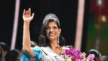 The newly crowned Miss Universe 2023, Sheynnis Palacios from Nicaragua, waves after winning the 72th edition of the Miss Universe pageant, in San Salvador on November 18, 2023.  (Photo by Marvin RECINOS  /  AFP)