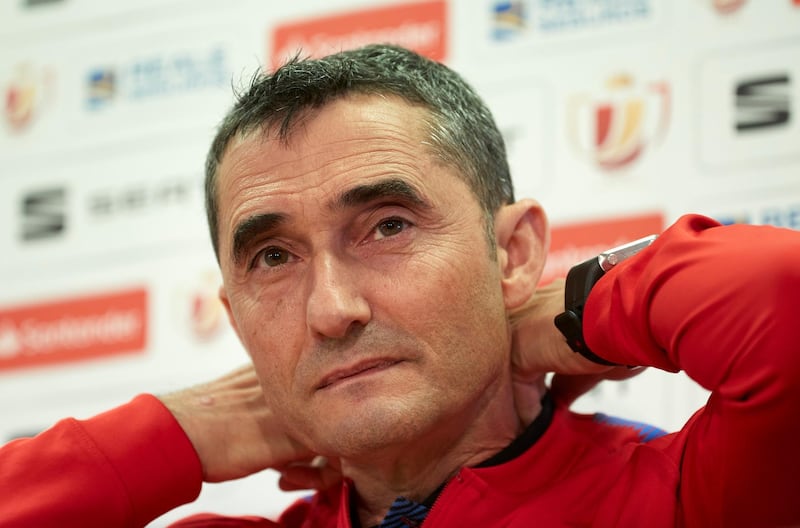 epa06681798 FC Barcelona's head coach Ernesto Valverde attends a press conference before a training session in Sant Joan Despi, Catalonia, Spain, 20 April 2018, on the eve of the Spanish King's Cup final soccer match against Sevilla at Wanda Metropolitano stadium in Madrid.  EPA/Alejandro Garcia