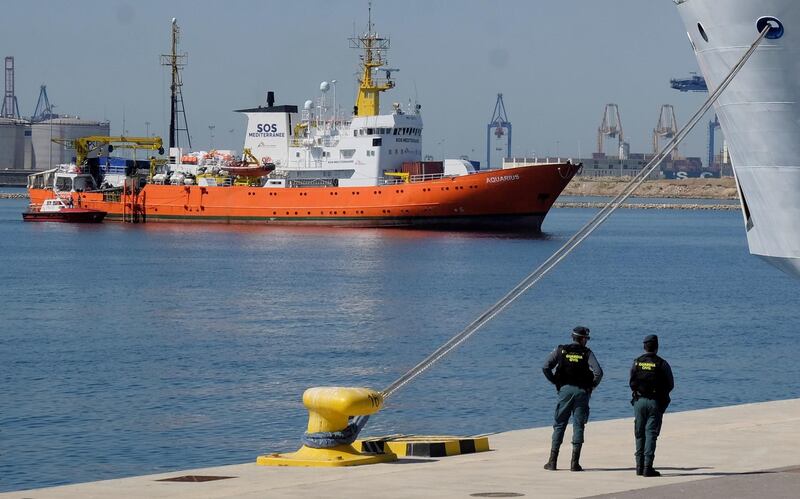 The Aquarius rescue ship arrives to port carrying some 629 migrants, in Valencia, Spain, June 17, 2018. REUTERS/Heino Kalis     TPX IMAGES OF THE DAY