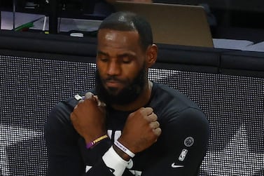 LeBron James pays tribute to Chadwick Boseman ahead of an NBA playoff game. Getty Images / AFP