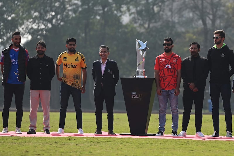 Pakistan Super League star players and captains during the trophy unveiling ceremony at the Gaddafi Stadium in Lahore. AFP
