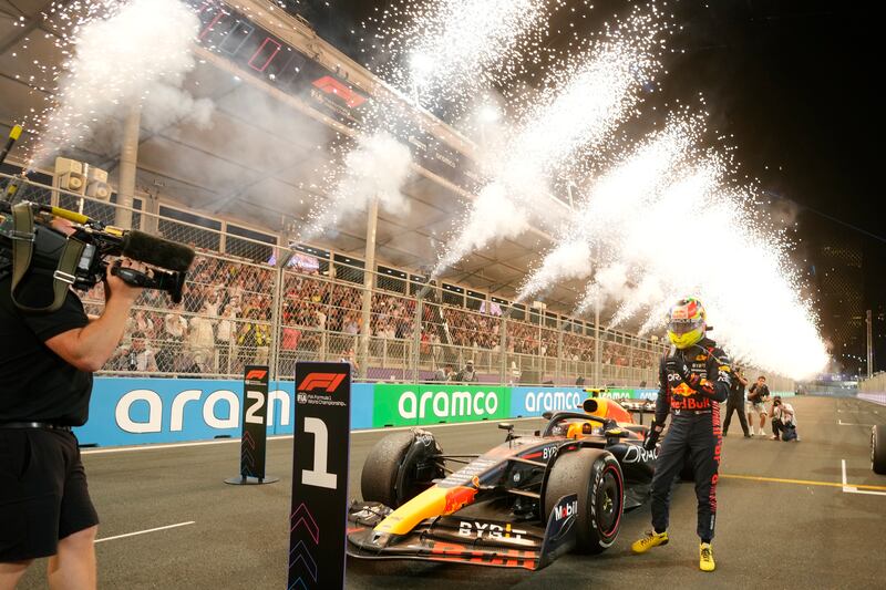 Red Bull driver Sergio Perez after winning the Saudi Arabia Grand Prix at the Jeddah corniche circuit on March 19, 2023. AP