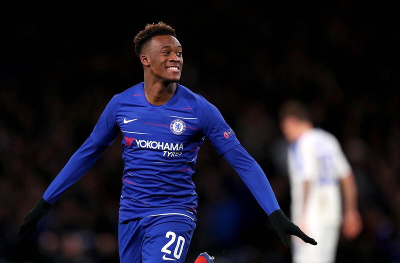 LONDON, ENGLAND - MARCH 07: Callum Hudson-Odoi of Chelsea celebrates after scoring his team's third goal during the UEFA Europa League Round of 16 First Leg match between Chelsea and Dynamo Kyiv at Stamford Bridge on March 07, 2019 in London, England. (Photo by Catherine Ivill/Getty Images)