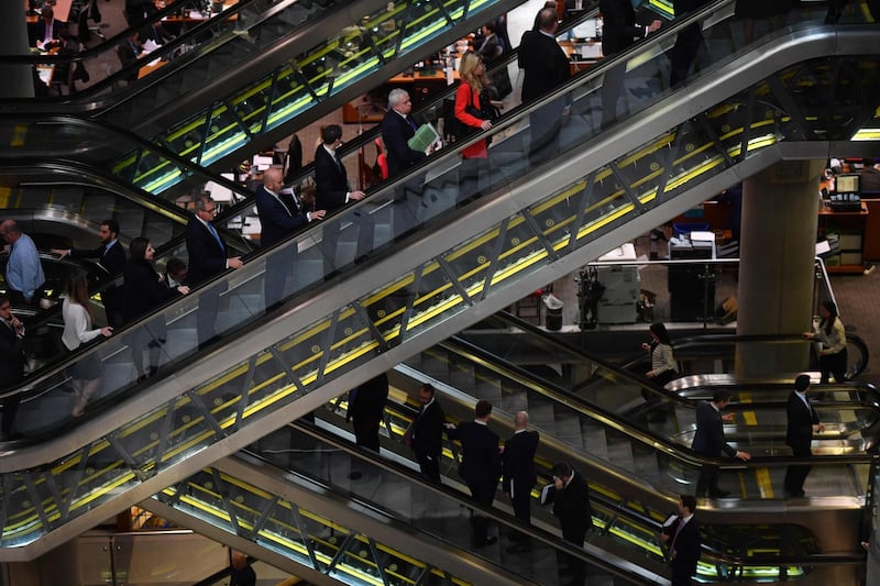 (FILES) In this file photo taken on March 30, 2017 The interior of Lloyd's of London, the centuries-old insurance market, is pictured in the City of London on March 30, 2017.
The image of the British financial sector is of a world of overpaid men, a symbol of glaring wage inequalities and women's difficulties in gaining access to the highest positions. New regulations have forced the big names in British finance to publish wage differentials between men and women and the numbers are not flattering. / AFP PHOTO / BEN STANSALL