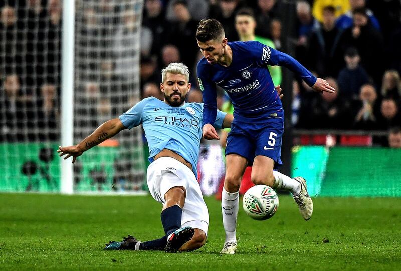Manchester City's Sergio Aguero in action against Chelsea's Jorginho. EPA