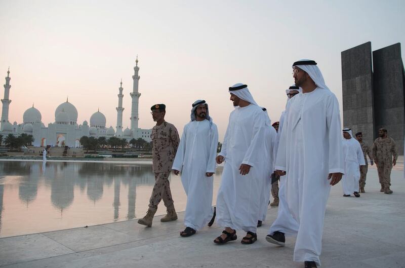 Sheikh Mohammed, speaks with Sheikh Khalifa bin Tahnoon, while visiting the Oasis of Dignity, a memorial dedicated to the UAE’s heroes who fell in the line of duty. Seen with Lt Gen Hamad Thani Al Romaithi and Mohammed Al Mazrouei. Hamad Al Kaabi for the Crown Prince Court — Abu Dhabi