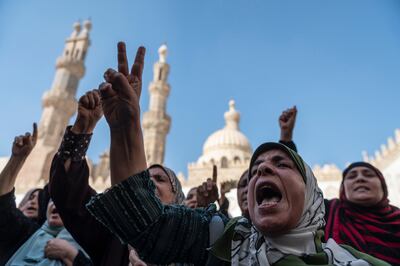 Demonstrators shout slogans against Israel and in support of Palestinians during a protest outside Al Azhar Mosque on October 20 in Cairo, Egypt. Getty Images