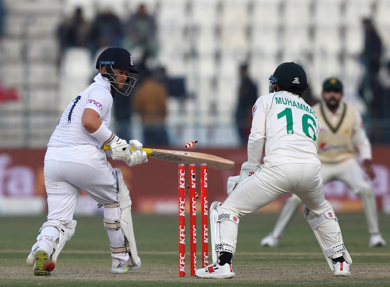 England's Ben Duckett is bowled by Abrar Ahmed. Reuters