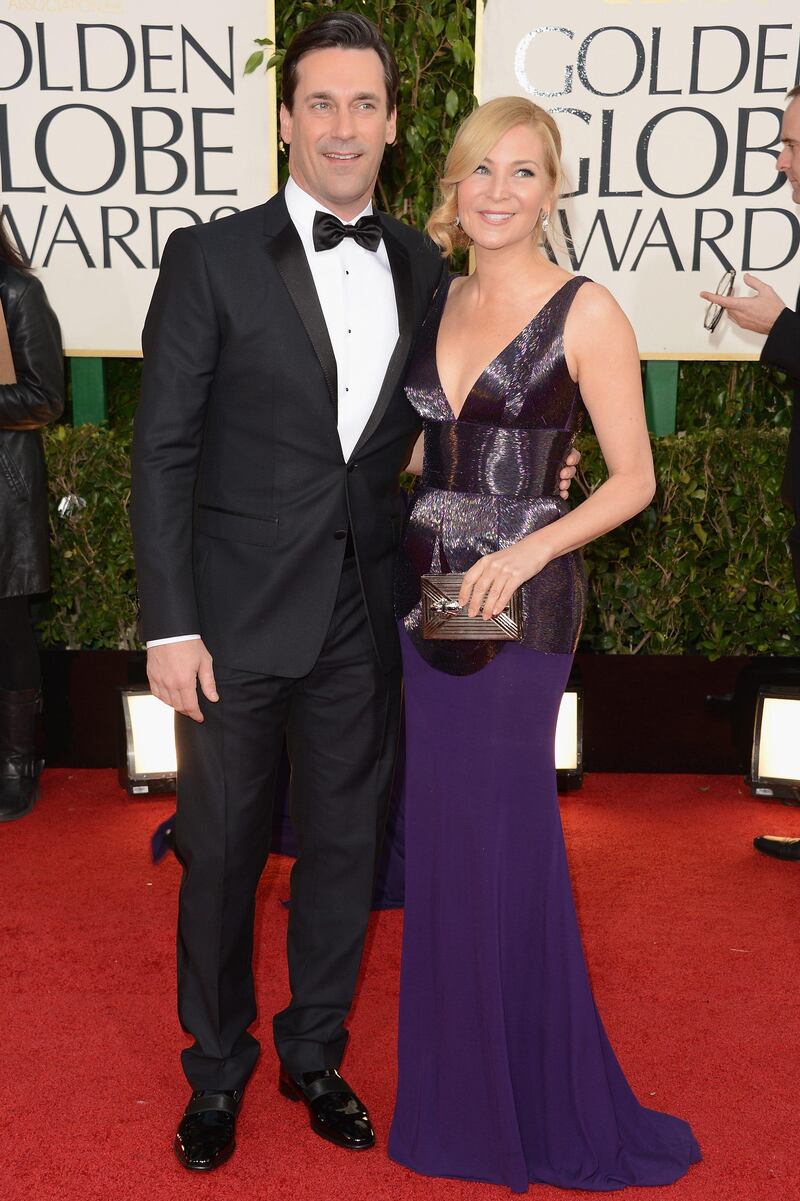 Jon Hamm and Jennifer Westfeldt arrive at the 70th Annual Golden Globe Awards held at The Beverly Hilton Hotel on January 13, 2013 in Beverly Hills, California.   Jason Merritt/Getty Images/AFP== FOR NEWSPAPERS, INTERNET, TELCOS & TELEVISION USE ONLY ==
 *** Local Caption ***  252414-01-09.jpg