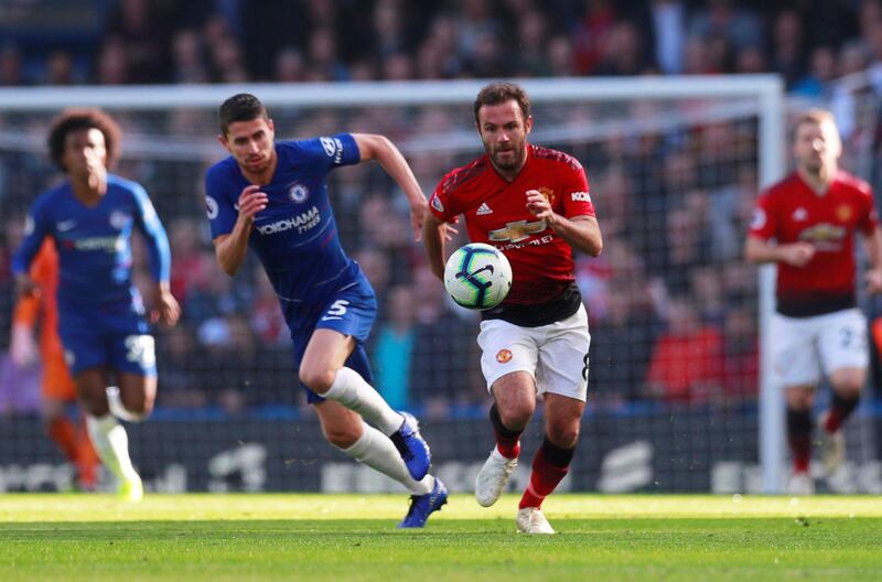 Soccer Football - Premier League - Chelsea v Manchester United - Stamford Bridge, London, Britain - October 20, 2018  Manchester United's Juan Mata in action with Chelsea's Jorginho       Action Images via Reuters/Andrew Couldridge  EDITORIAL USE ONLY. No use with unauthorized audio, video, data, fixture lists, club/league logos or "live" services. Online in-match use limited to 75 images, no video emulation. No use in betting, games or single club/league/player publications.  Please contact your account representative for further details.