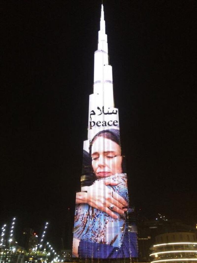 The Burj Khalifa lit up with a picture of Jacinda Ardern after the Christchurch shootings. Courtesy Dubai Media Office
