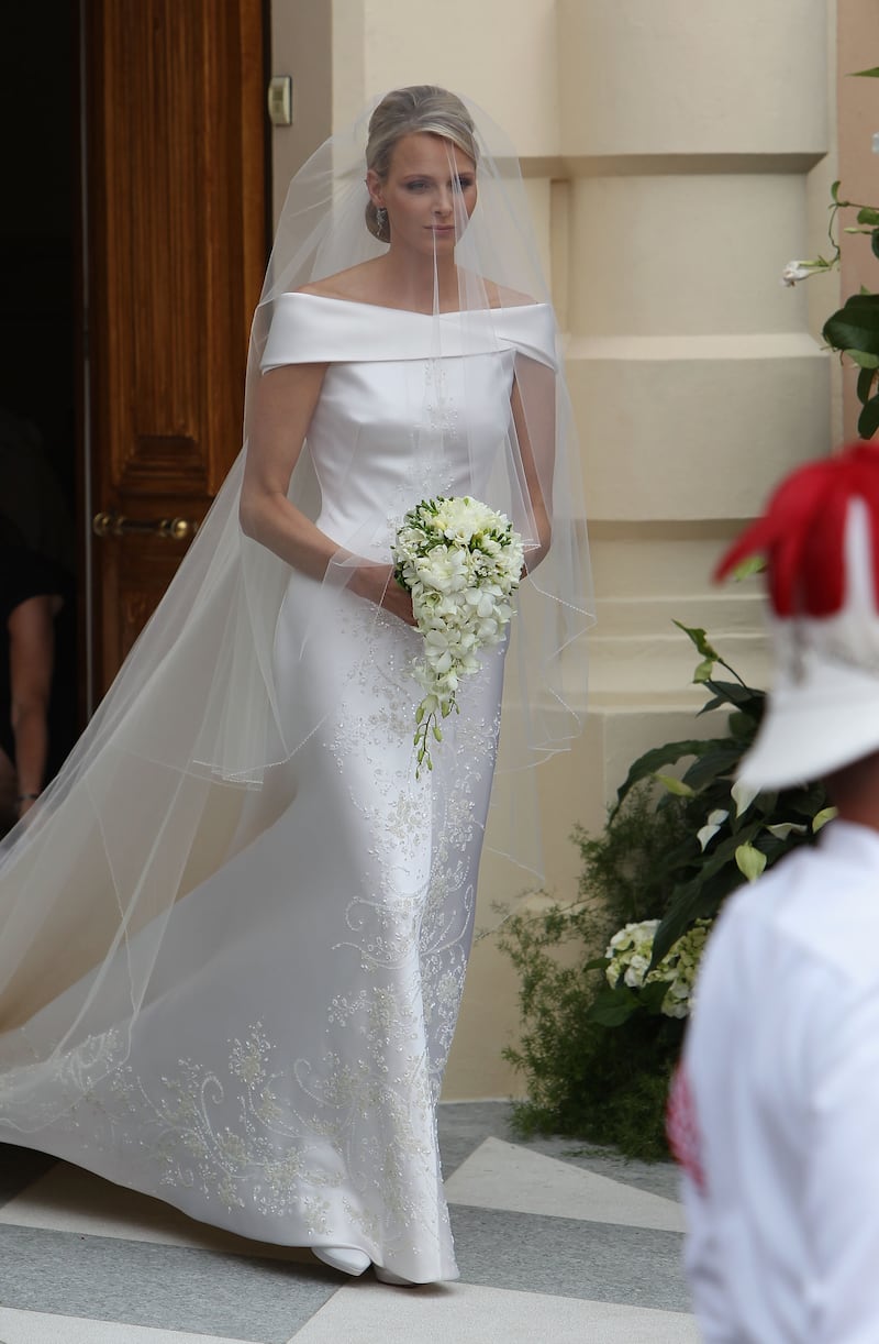 Princess Charlene of Monaco, in a Giorgio Armani wedding dress, arrives at the religious ceremony of her wedding to Prince Albert II of Monaco on July 2, 2011 in Monaco. Getty Images