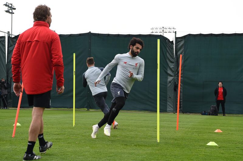 Mohamed Salah takes part in training at Melwood ahead of Liverpool's Uefa Champions League semi-final, first leg against Barcelona. AFP