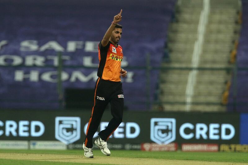 Bhuvneshwar Kumar of Sunrisers Hyderabad  celebrates the wicket of Prithvi Shaw of Delhi Capitals during match 11 of season 13 of the Dream 11 Indian Premier League (IPL) between the Delhi Capitals and the Sunrisers Hyderabad held at the Sheikh Zayed Stadium, Abu Dhabi in the United Arab Emirates on the 29th September 2020.  Photo by: Vipin Pawar  / Sportzpics for BCCI