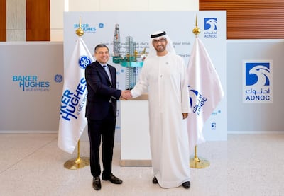 Dr. Sultan Ahmed Al Jaber, UAE Minister of State and ADNOC Group CEO, (right) and BHGE Chairman and Chief Executive Officer Lorenzo Simonelli. Courtesy Adnoc