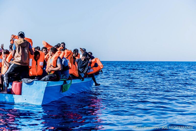 Some of the rescued migrants were picked up from this small wooden boat. SOS Mediterranee