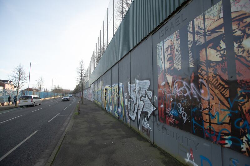 The peace wall in west Belfast that divides Falls Road and Shankill Road. Photo: Paul McErlane / The National