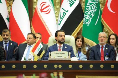 The speaker of Iraq's parliament Mohammed Al Halbousi attends the Baghdad Summit, Parliaments of Iraq Neighbouring Countries in Baghdad, Iraq April 20, 2019. Reuters