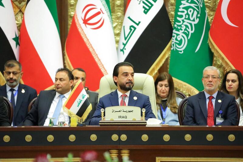 The speaker of Iraq's parliament Mohammed al-Halbousi attends the Baghdad Summit, Parliaments of Iraq Neighbouring Countries in Baghdad, Iraq April 20, 2019. Iraqi parliament media office/Handout via REUTERS ATTENTION EDITORS - THIS PICTURE WAS PROVIDED BY A THIRD PARTY.