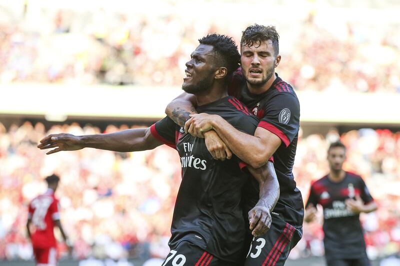 SHENZHEN, CHINA - JULY 22:  Frank Kessie celebrates a goal with teammate Patrick Cutrone during the 2017 International Champions Cup China  match between FC Bayern and AC Milan at Universiade Sports Centre Stadium on July 22, 2017 in Shenzhen, China.  (Photo by Lintao Zhang/Getty Images)