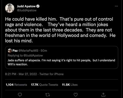 Director Judd Apatow expressed his disdain for Will Smith's behaviour in a now-deleted tweet
