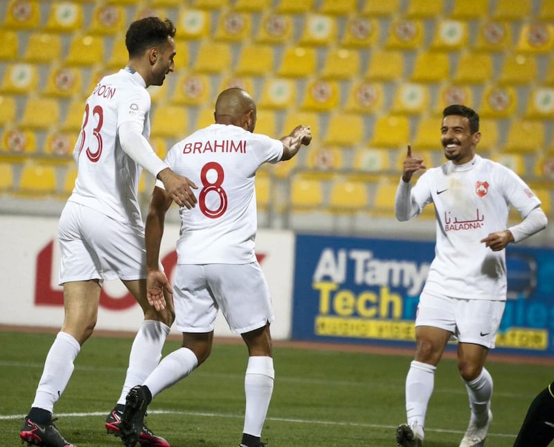 Al Rayyan players celebrate beating al Kharaitiyat during the QNB Stars League at Qatar SC Stadium. QNA