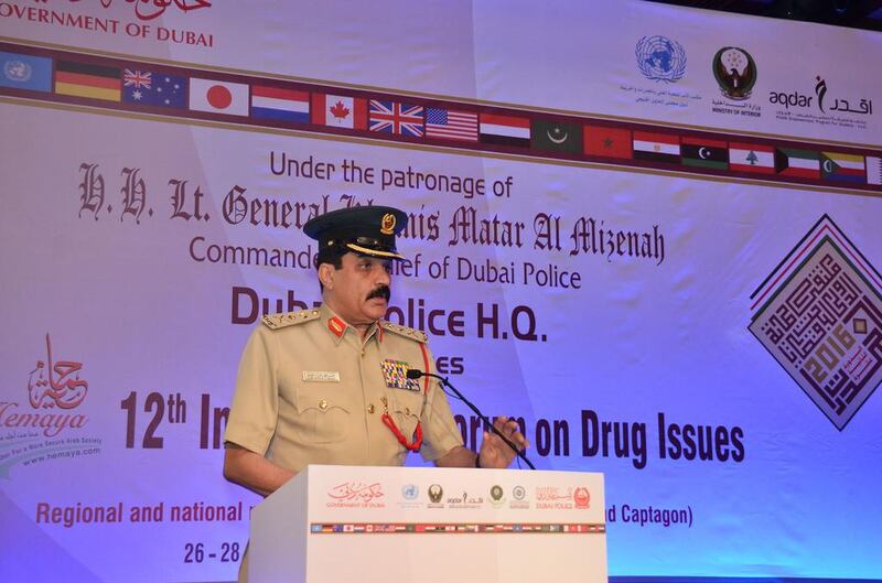 Major General Khamis Matar Al Muzainah addresses the anti-drugs forum in Dubai. WAM