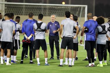 UAE manager Bert van Marwijk with the team at the Al Wasl Sports Club. Chris Whiteoak / The National