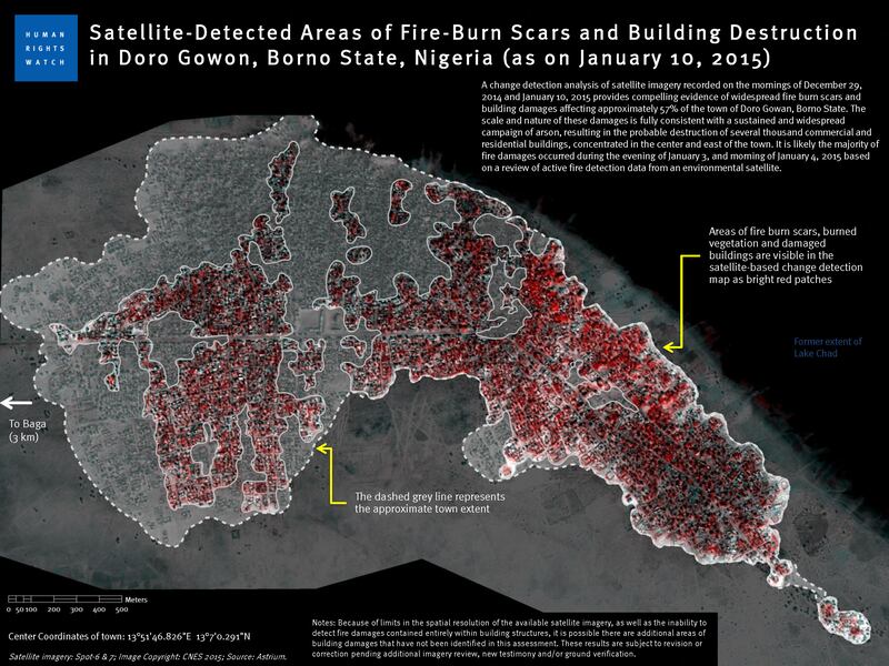 A satellite image from Airbus Defence and Space satellites shows evidence of large-scale destruction following 2015 attacks by Boko Haram around Doro Gowon, Borno state. AFP