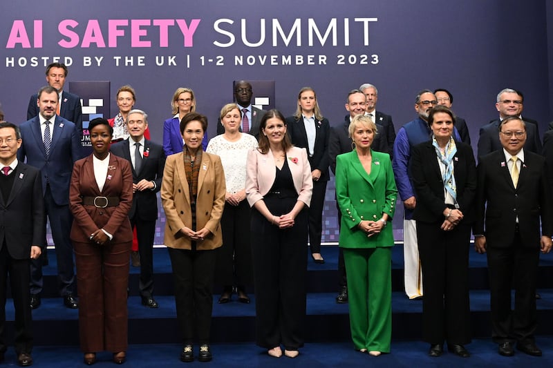 Michelle Donelan, front centre, UK Secretary of State for Science, Innovation and Technology, with international digital ministers at the start of the AI Safety Summit. Getty Images