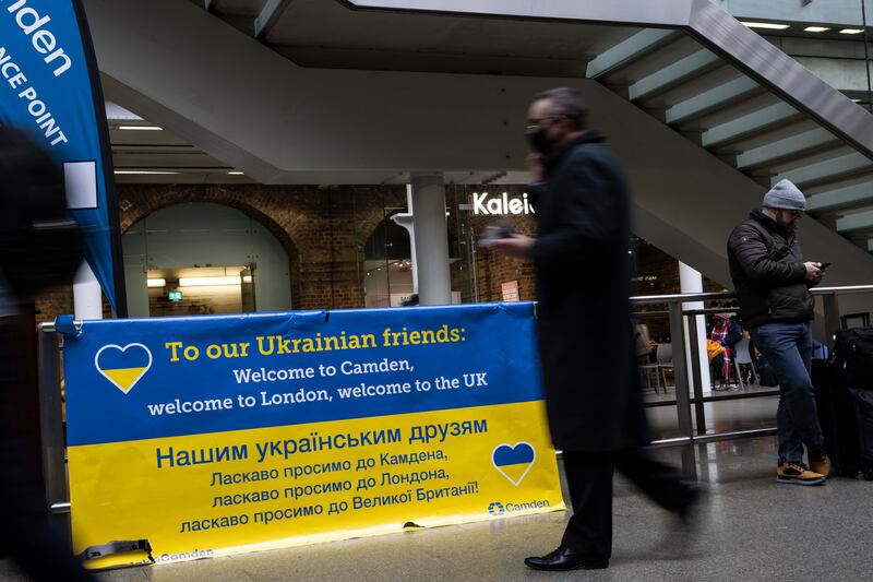 A sign welcomes Ukrainian refugees at St Pancras station, London, on April 4, 2022. Getty