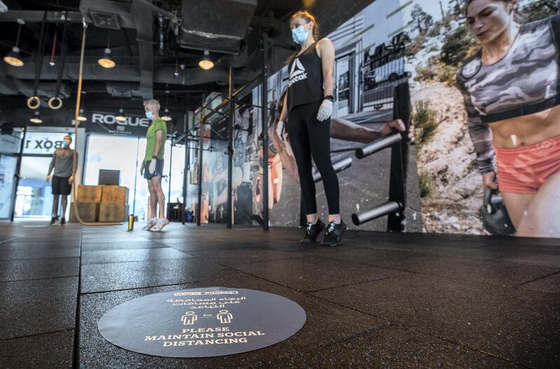 Abu Dhabi, United Arab Emirates, July 1, 2020.  CrossFit class at Vogue Fitness Yas Marina, Abu Dhabi.
Victor Besa  / The National
Section:  NA 
Reporter:  Haneen Dajani