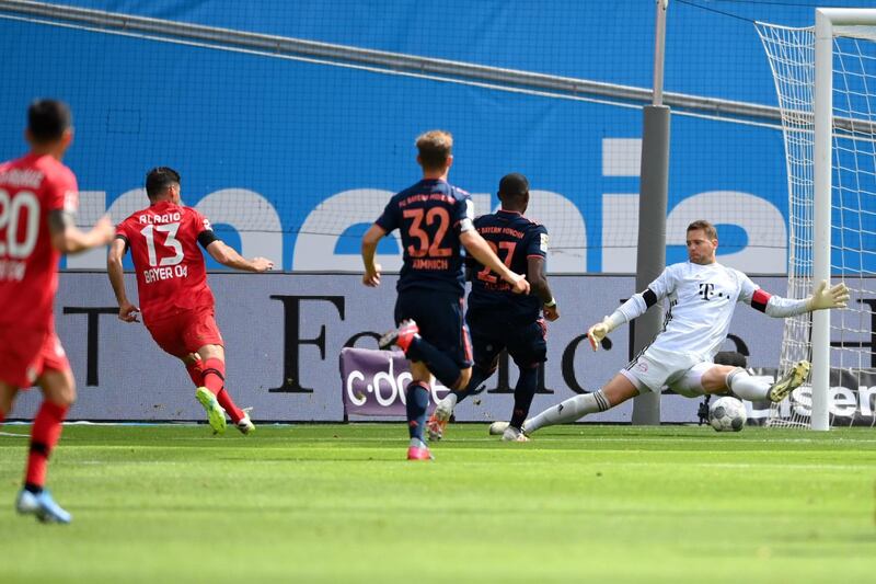 Lucas Alario of Leverkusen scores his team's first goal against Bayern Munich. EPA