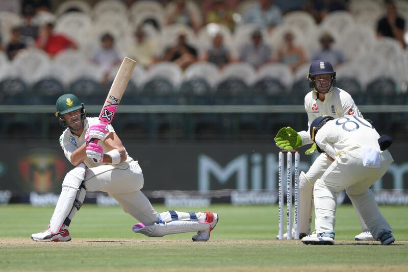 South Africa batsman Faf du Plessis hits out only to be caught by Joe Denly (not pictured) off the bowling of Dom Bess. Getty