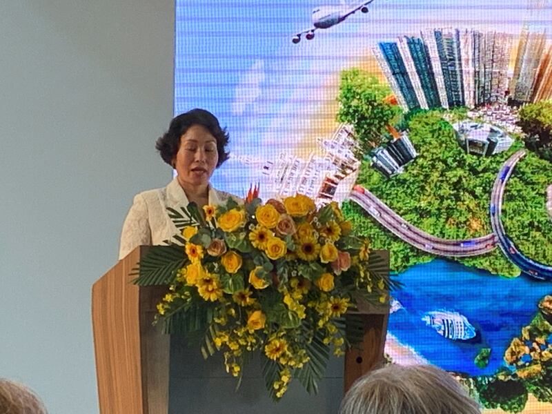 VinFast chief executive Le Thi Thu Thuy speaks to visitors during a tour of the company's factory, in Haiphong. Reuters