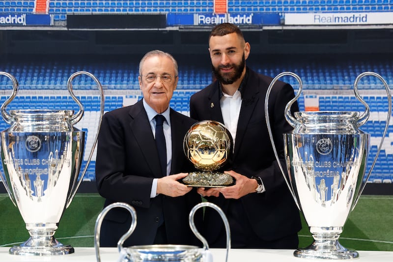 Karim Benzema with Real Madrid president Florentino Perez at a farewell ceremony at the club's training ground on June 6, 2023. Getty