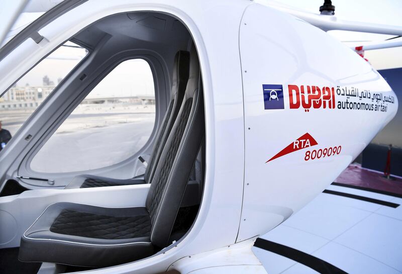 The two-seater AAT, capable of transporting people without human intervention or a pilot, has been supplied by Volocopter, a Germany-based specialist manufacturer of autonomous air vehicles.  Courtesy Dubai Media Office