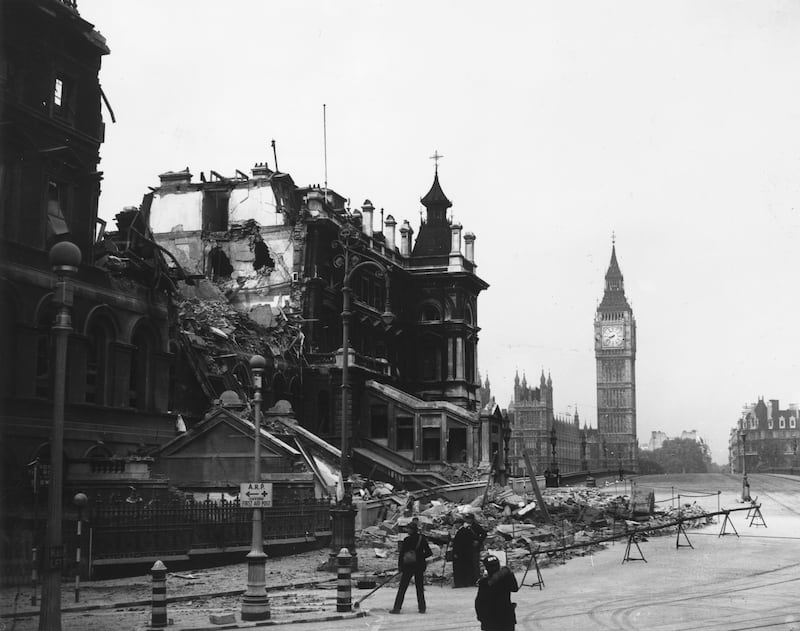 The debris of St Thomas's Hospital, London, the morning after receiving a direct hit during the Blitz, in front of the Houses of Parliament and Big Ben, in 1940. Getty Images