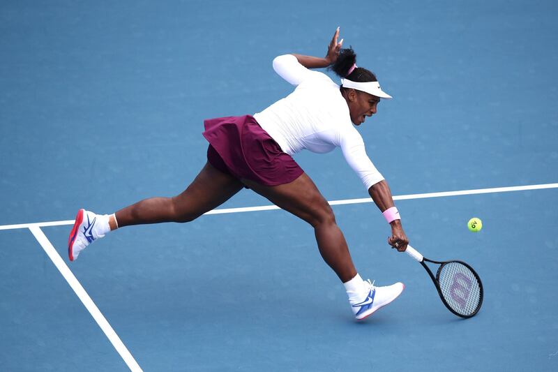 Serena Williams plays a backhand during her first round match against Camila Giorgi on Day Two of the 2020 Auckland Classic. Getty Images