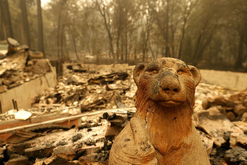 A statue of an animal stands in front of a home that was destroyed by the Dixie Fire in Indian Falls, California.