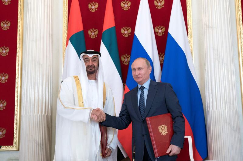 MOSCOW, RUSSIA - June 01, 2018: HH Sheikh Mohamed bin Zayed Al Nahyan, Crown Prince of Abu Dhabi and Deputy Supreme Commander of the UAE Armed Forces (L) and  HE Vladimir Putin Vladimirovich, President of Russia (R), stand for a photograph after the signing of a memorandum of understanding, at the Kremlin Palace.

( Mohamed Al Hammadi / Crown Prince Court - Abu Dhabi )
---