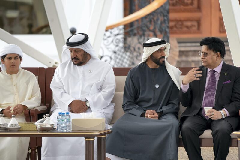 ABU DHABI, UNITED ARAB EMIRATES - February 18, 2019: (L-R) HH Sheikh Mohamed bin Mansour bin Zayed Al Nahyan, HH Sheikh Saeed bin Mohamed Al Nahyan and HH Sheikh Nahyan Bin Zayed Al Nahyan, Chairman of the Board of Trustees of Zayed bin Sultan Al Nahyan Charitable and Humanitarian Foundation, attend a Sea Palace barza.
( Rashed Al Mansoori / Ministry of Presidential Affairs )
---