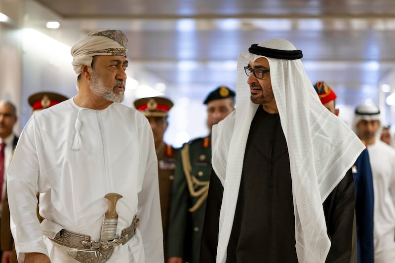 President Sheikh Mohamed bids farewell to Sultan Haitham of Oman, at the Presidential Airport in Abu Dhabi. UAE Presidential Court