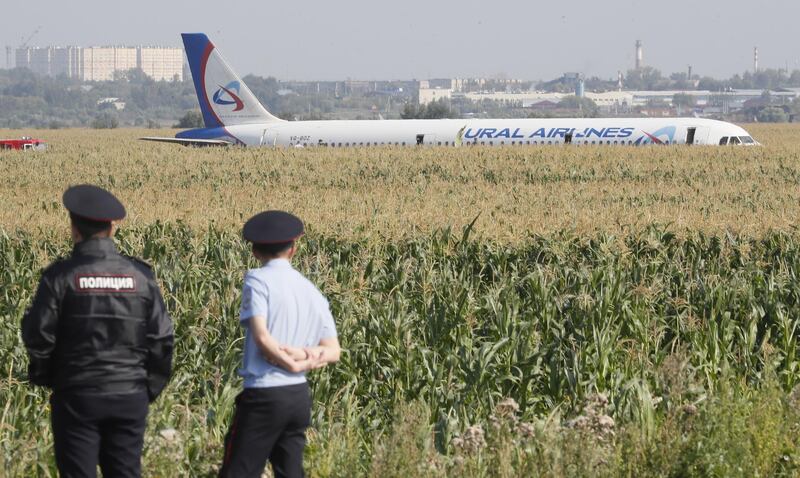 Russian police officers near the site of Ural Airlines A-321 passenger plane emergency landing outside Zhukovsky airport in Ramensky district of Moscow region, Russia. A-321 with 226 passengers and seven crew members on board en-route from Moscow to Simferopol made emergency landing after a right engine failure following the plane's colliding with seagulls shortly after take-off. Ten people were hospitalized following the accident.  EPA