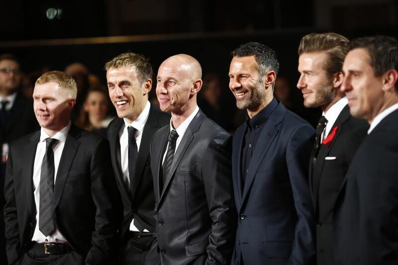 From left, Paul Scholes, Phil Neville, Nicky Butt and Ryan Giggs have teamed up once again to attempt to right the wrongs at Manchester United. Tal Cohen / EPA

