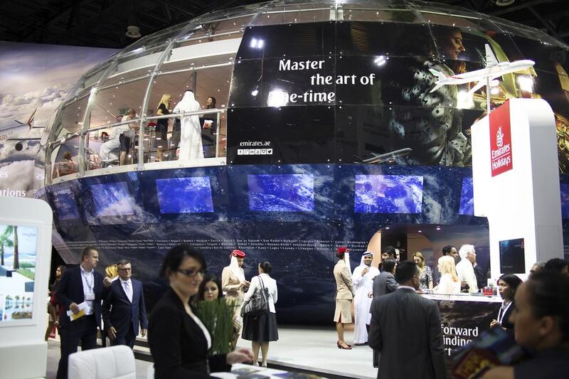 Emirates Airline’s stand at the Arabian Travel Market in Dubai. Lee Hoagland / The National