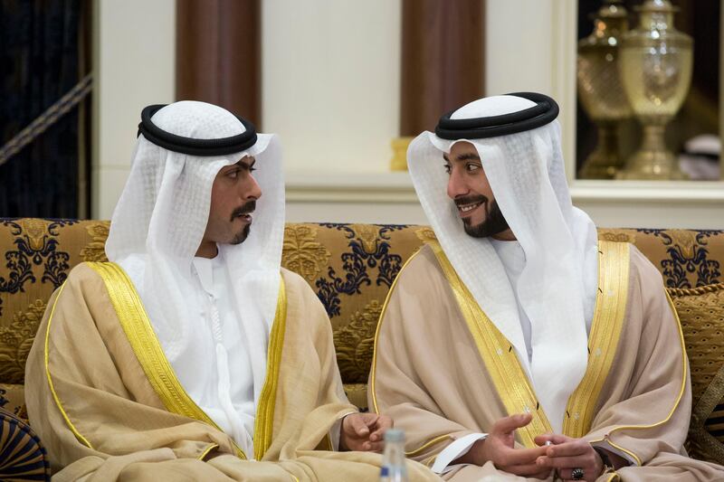 ABU DHABI, UNITED ARAB EMIRATES - July 6, 2016: (L-R) HH Sheikh Khalifa bin Tahnoon bin Mohamed Al Nahyan, and HH Dr Sheikh Hazza bin Sultan bin Zayed Al Nahyan, attend a Eid Al Fitr reception at Mushrif Palace. 
( Ryan Carter / Crown Prince Court - Abu Dhabi )
--- *** Local Caption ***  20160706RC_C119734.jpg