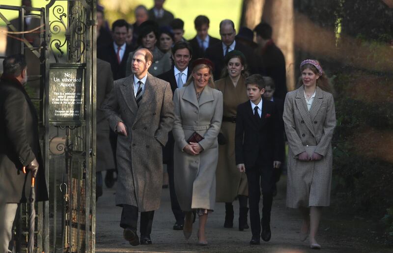 From left, Britain's Prince Edward, Earl of Wessex and his wife Sophie, Countess of Wessex, with their children, Britain's Lady Louise Windsor and James, Viscount Severn arrive for a Christmas day service at the St Mary Magdalene Church. AP