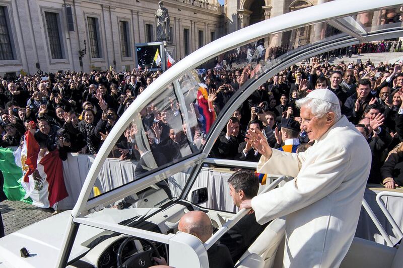 VATICAN CITY, VATICAN - FEBRUARY 27:  Pope Benedict XVI travels through the crowd in the popemobile in St Peter's Square on February 27, 2013 in Vatican City, Vatican. The Pontiff will hold his last weekly public audience later before he abdicates tomorrow. Pope Benedict XVI has been the leader of the Catholic Church for eight years and is the first Pope to retire since 1415. He cites ailing health as his reason for retirement and will spend the rest of his life in solitude away from public engagements.  (Photo by Carsten Koall/Getty Images)